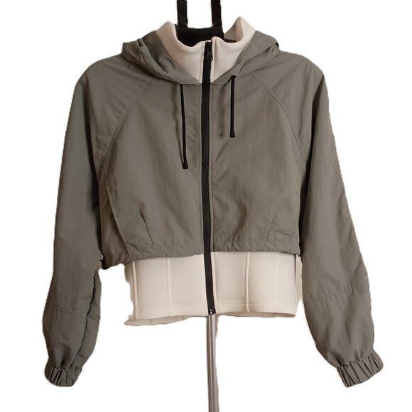 ZARA Contrast Neoprene Effect Hooded Athleisure Jacket Sage Green Women’s Size M - Picture 2 of 14